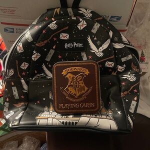 Harry Potter Black Backpack with Owl and Castle Design and playing cards